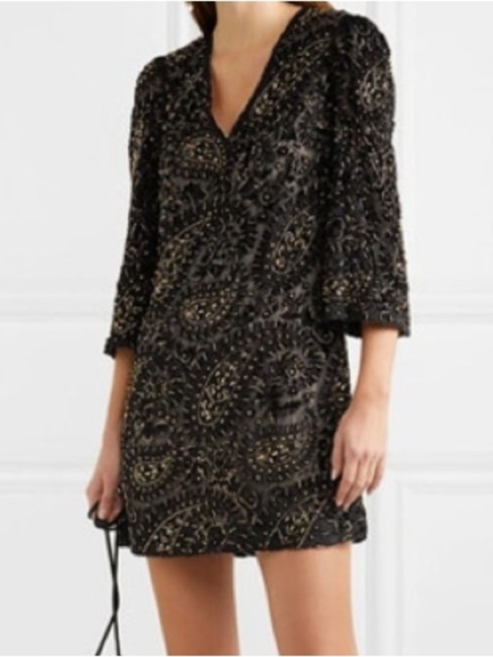 Alice + Olivia Riska Black V-Neck ¾ sleeve Mini Dress with Gold Beading size 0